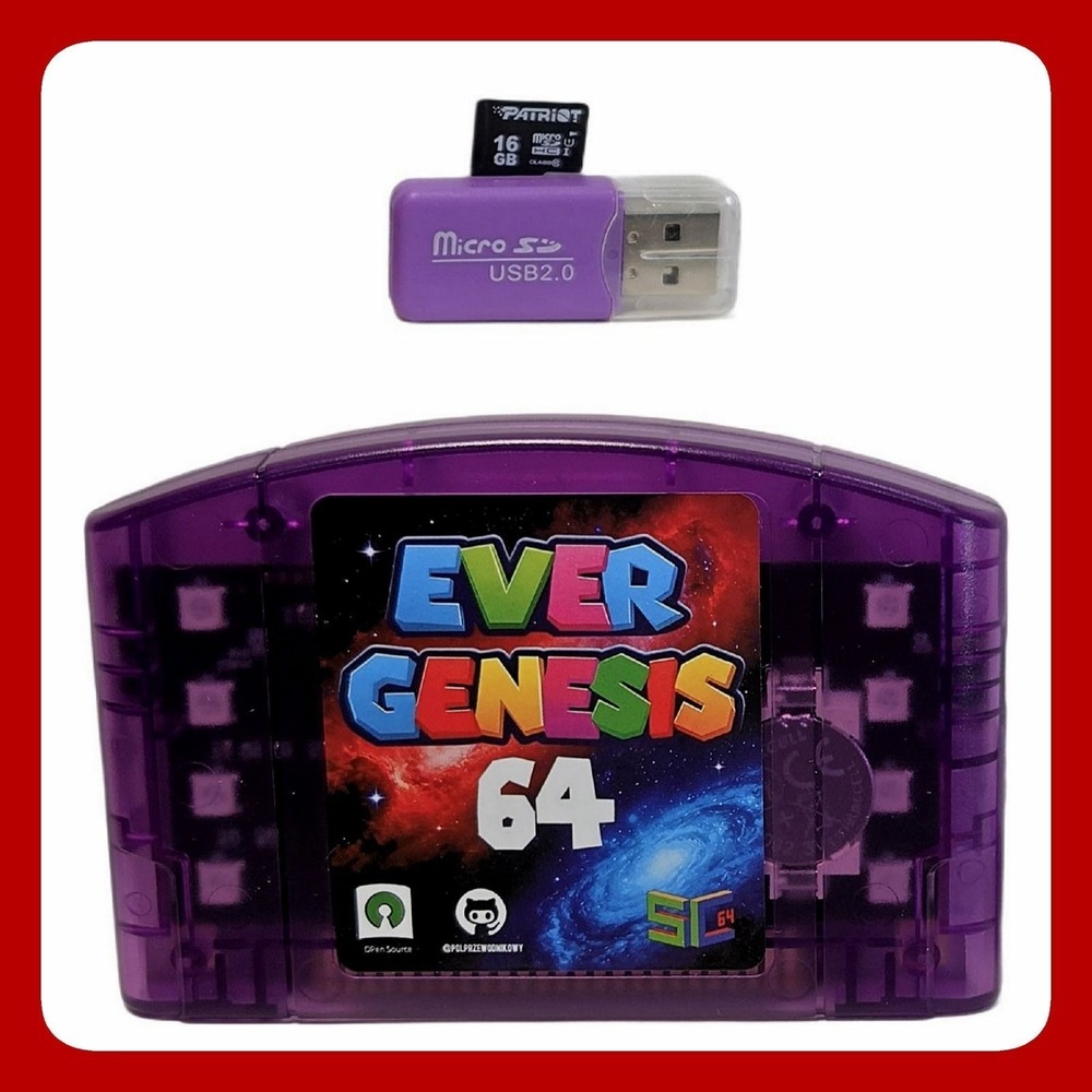 EverGenesis 64 SC64 Flash Cartridge Purple 16GB MicroSD USB Adapter N64 VTG